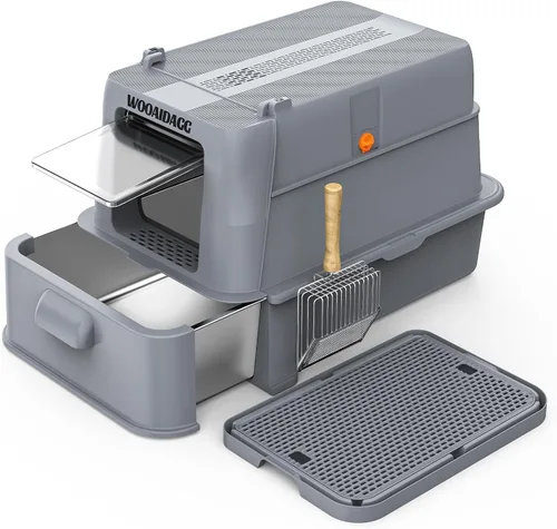 Miniatura 7 de Wooaidagg - Caja de arena para gatos de acero inoxidable cerrada con control de olores, diseño modular con cajón y puerta abatible, fácil de limpiar