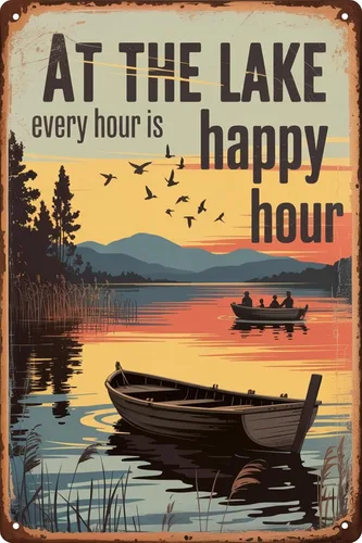 Cartel de metal vintage rústico de 8x12 pulgadas en El lago cada hora es hora feliz, decoración de pared de playa para colgar en casa, granja,