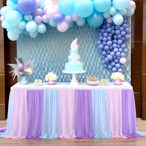 Miniatura 2 de Falda de mesa de tul de sirena azul rosa púrpura con rayas para mesas rectangulares Frozen Baby Shower Fiestas de cumpleaños de sirena Decoración 6