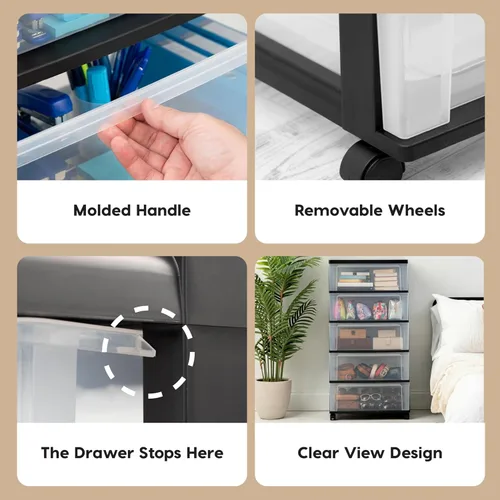 Miniatura 4 de IRIS USA Carrito rodante organizador de almacenamiento de cajones de plástico, con ruedas giratorias, 5 cajones, para suministros de arte y Negro