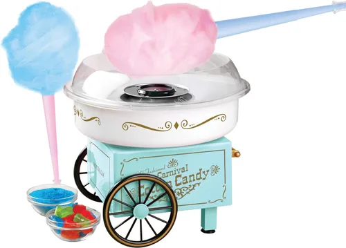 Nostalgia Máquina vintage de algodón para encimera de caramelo duro y sin azúcar, incluye 2 conos reutilizables y cuchara de azúcar, color aguamarina
