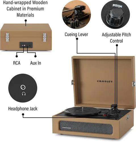 Miniatura 3 de Crosley CR8017B-TA Voyager - Tocadiscos portátil clásico de vinilo con Bluetooth de entrada/salida y altavoces integrados, color marrón Canela