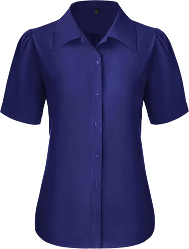 Miniatura 26 de Gleeivy Camisas de botones para mujer de manga corta abombada, camisas de vestir abotonadas con cuello ajustado, blusa superior de trabajo