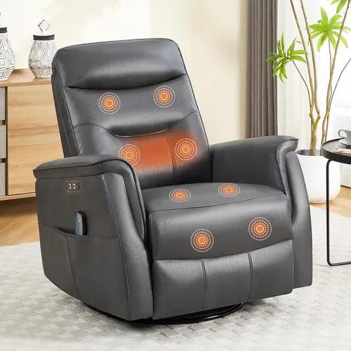 Miniatura 10 de Silla reclinable para adultos, mecedora eléctrica de piel sintética para masaje y calor, silla reclinable giratoria de gran tamaño con puertos USB