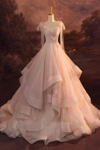 Miniatura 5 de Vestido de fiesta de tul con volantes en capas, con tirantes delgados, vestidos de baile de princesa con lazo, vestidos de quinceañera