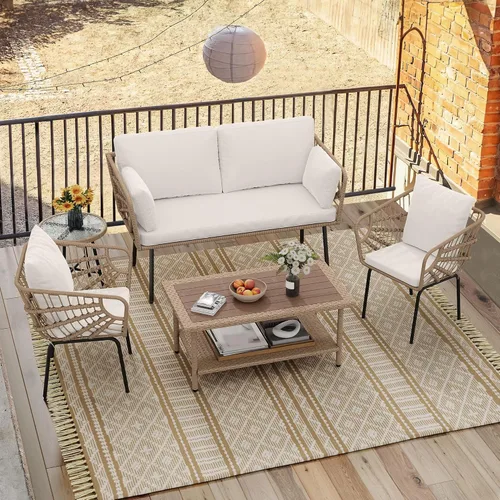 Miniatura 3 de YITAHOME Juego de muebles de patio de 2 piezas, sofá biplaza de mimbre para todo tipo de clima con cojines gruesos y mesa de ratán, juego