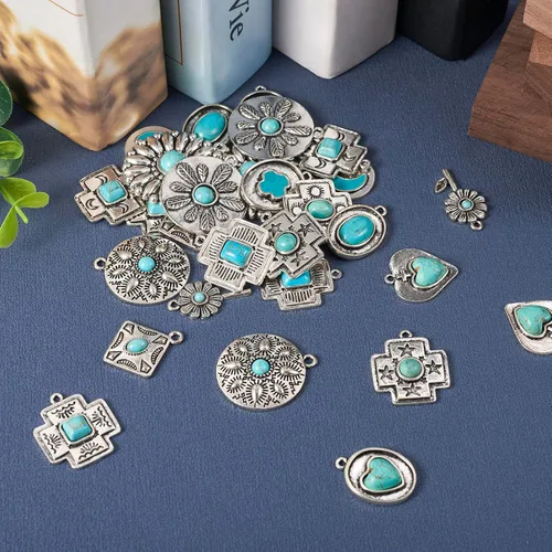 Miniatura 7 de 30 dijes de turquesa de 15 estilos occidentales, estilo tibetano, vintage, grandes, colgantes, retro, flores, cruz, piedra bohemia, para vaquera
