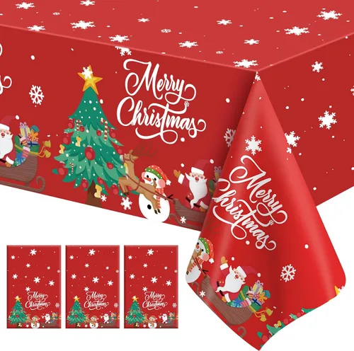 Miniatura 11 de Mantel de Navidad, 2 piezas de mantel desechable de plástico rojo, mantel de 54 x 108 pulgadas para decoraciones de Navidad, mantel de árbol