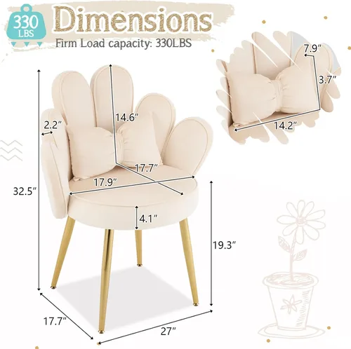 Miniatura 2 de Vingli Silla de Maquillaje de Pétalos con Respaldo, Silla Linda de Escritorio para Niñas Cómoda Sin Ruedas, Silla Moderna de Comedor, Silla