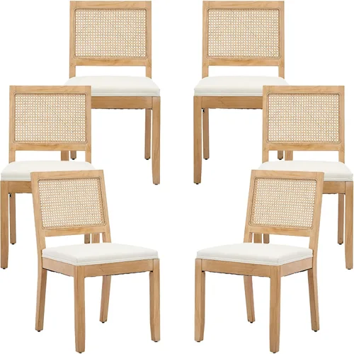 Miniatura 52 de Juego de 2 sillas de comedor de campo francés, sillas de comedor de madera de granja beige, silla de comedor con respaldo tejido con cojín tapizado