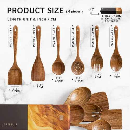 Miniatura 2 de cucharas de madera para cocinar, juego de utensilios de cocina antiadherentes con 6 piezas de espátulas y cucharas de madera de acacia para cocinar