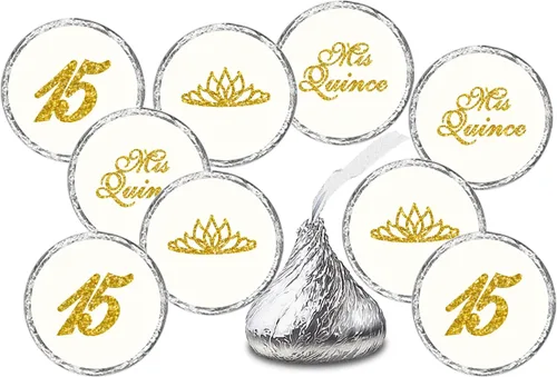 Mis membrillo dorado besos adhesivos (juego de 216), etiquetas de gotas de chocolate de quinceañera, dulces 15 regalos de decoración de fiesta para