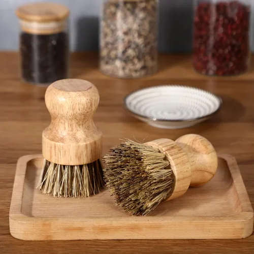 Miniatura 7 de Nuenen Juego de 6 cepillos de bambú para fregar platos de madera, juego de fregadores de cocina con cerdas de sisal naturales para fregadero