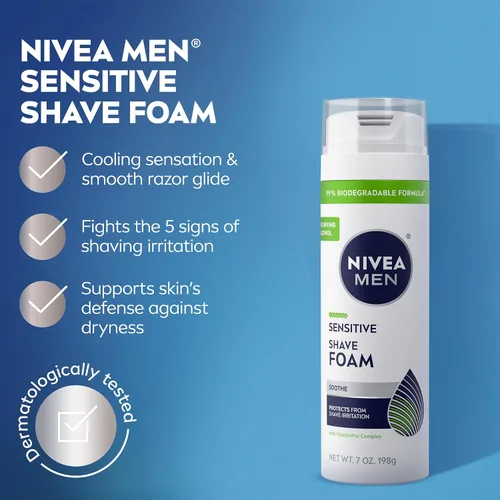 Miniatura 3 de NIVEA MEN - Espuma de afeitado sensible con vitamina E, extractos calmantes de manzanilla y hamamelis, paquete de 6 latas de 7 onzas