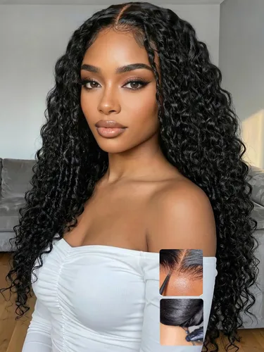 Miniatura 14 de KLAIYI Bye Bye Slip™ - Pelucas de cabello humano con encaje frontal 7x5, color marrón castaño degradado, rizado, sin pegamento, precortadas de 7 x