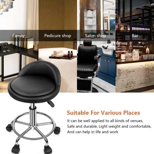 Miniatura 6 de KKTONER Taburete rodante redondo de cuero sintético con reposapiés, altura ajustable, giratoria, trabajo, spa, silla de tareas con ruedas (negro)