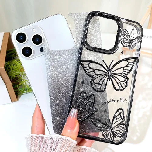 Miniatura 3 de BITOBE Diseñada para iPhone 15 Pro Max, bonita funda de mariposa 3D chapada en purpurina delgada para mujeres y niñas, protección de cámara, Negro