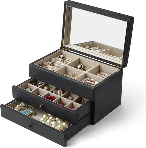 Miniatura 7 de Meangood Caja Organizadora de Joyería para Mujeres, Estuche de Almacenamiento de Joyería de 3 Capas Grande, Caja de Joyería de Madera Rústica