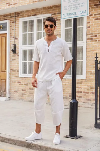 Miniatura 9 de COOFANDY Conjunto de 2 piezas de lino para hombre, camisa Henley de manga corta y pantalones capri harén, pierna ancha, holgados, pantalones de yoga
