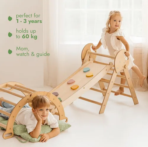Miniatura 6 de Goodevas Juego de juguetes de escalada 5 en 1 para niños pequeños, triángulo de Pikler, arco de escalada, cojín de equilibrio, gimnasio de escalada