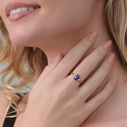 Miniatura 4 de Anillos de 3 piedras de plata chapada en oro amarillo de 18 quilates con amatista púrpura y moissanita blanca para mujer