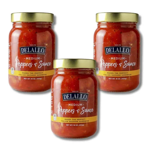 Miniatura 6 de DeLallo Pimientos y salsa, especias medianas, salsa de tomate casera con trozos de pimiento y pimientos de plátano picantes, para salchicha italiana