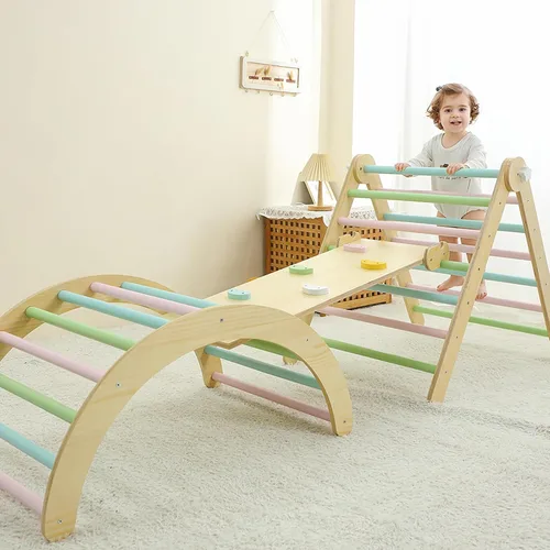Miniatura 2 de Juego de triángulos grandes de Pikler, escalador de madera plegable 7 en 1 con arco, rampa y escalera, gimnasio Montessori para interiores y centro