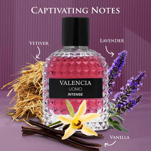 Miniatura 2 de Valencia UOMO Intense for Men Eau De Parfum - Fragancia Amber Fougere Notas superiores de vainilla Bourbon tono medio de Lavandin Crea aroma picante