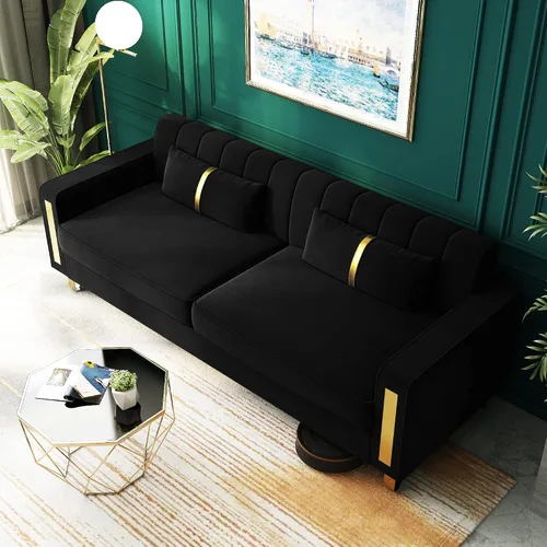 Miniatura 6 de Sofá cama modular de tela de terciopelo de 85.62 pulgadas, 3 asientos, fácil de montar con 2 almohadas de sofá, patas de metal dorado para sala