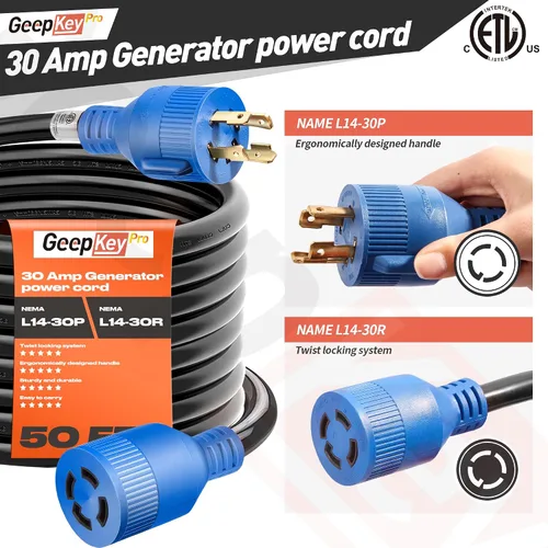 Miniatura 4 de Cable generador de 30 amperios y caja de entrada de alimentación [preperforada], cables de generador de 25 pies de 30 amperios, 125/250 voltios