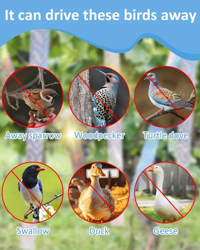 Miniatura 6 de 2 cintas de 502 pies para asustar pájaros, cinta holográfica reflectante de doble cara, dispositivos repelentes de pájaros audibles visuales