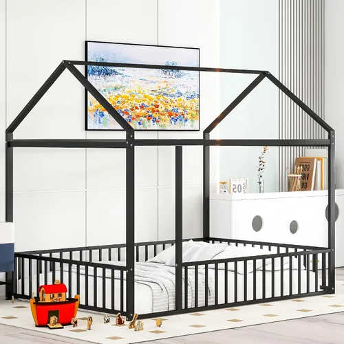 Cama de metal de tamaño matrimonial con valla para niños, adolescentes, niñas, niños, cama de piso de casa, camas Montessori, se puede decorar marco