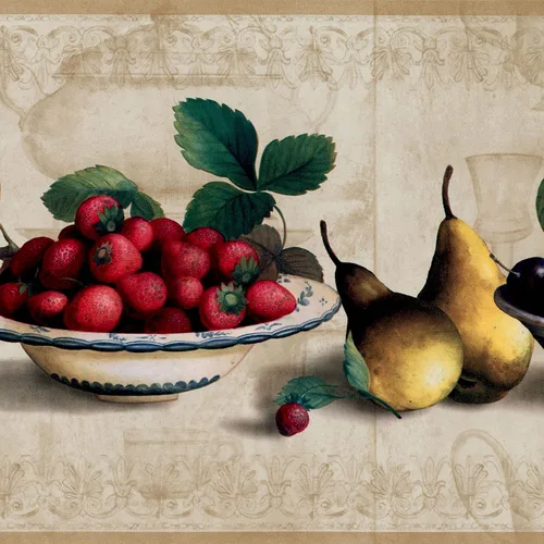 CONCORD WALLCOVERINGS ™ Papel Pintado Frontera Patrón Fruta Fresas Peras Placa Para Casa De Cocina Comedor, Beige Rojo Verde, 15 pies Por 9 in