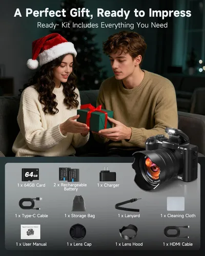 Miniatura 9 de Cámaras digitales 8K para fotografía, cámara de vlogging WiFi de 88 megapíxeles con enfoque automático para YouTube con lente para selfies, cámara