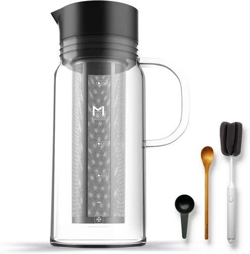 Cafetera de café frío, jarra de café helado de 34 oz/1 L con filtro de acero inoxidable extraíble, jarra de cerveza fría de vidrio para café helado