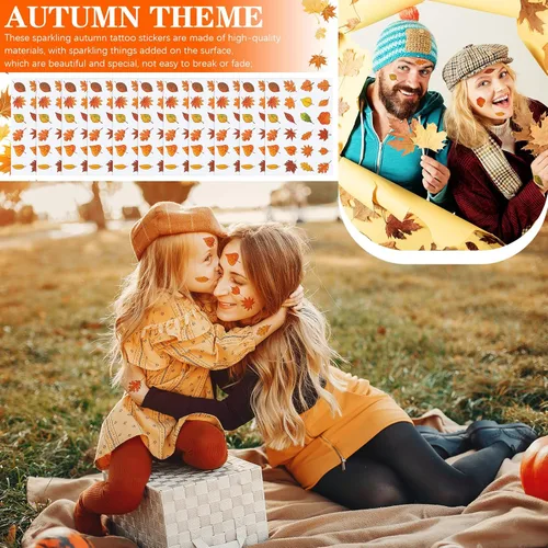 Miniatura 7 de Nosiny 240 tatuajes temporales con purpurina de otoño, calcomanías de hojas de arce, calcomanías de tatuaje de otoño con hojas de otoño, tatuajes