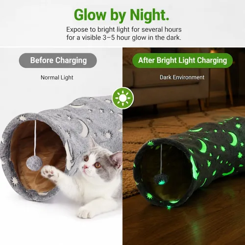 Miniatura 2 de Túnel Tubo para Gatos con Juguetes de Pelotas de Felpa Plegable Auto-Luminoso Fotoluminiscencia, para Mascotas Pequeñas Conejitos Conejos, Gatitos