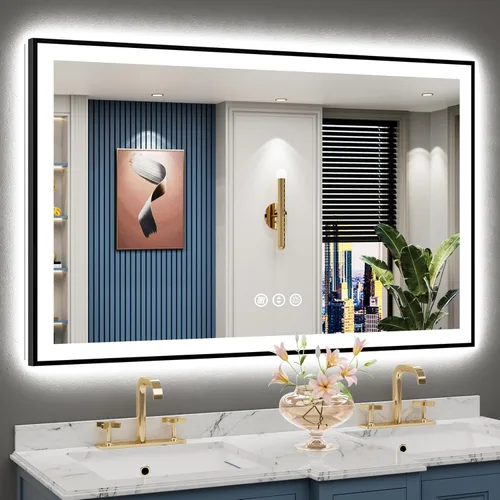 Miniatura 45 de 30x36 Espejo de baño LED con luces, retroiluminado y luz frontal, espejo de tocador iluminado antivaho para pared de baño, 3 colores, regulable