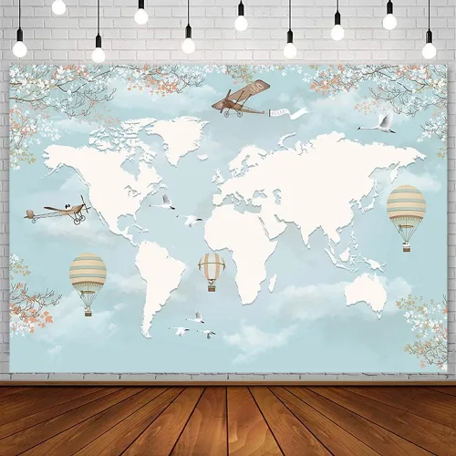Sendy Fondo de viaje de 7 x 5 pies, decoración de fiesta de baby shower, mapa del mundo alrededor del mundo, aventura espera avión, cumpleaños,