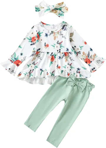Miniatura 108 de Kucnuzki Conjunto de ropa para bebé niña pequeña, camisa de manga con volantes, pantalón floral, ropa de otoño e invierno para niña