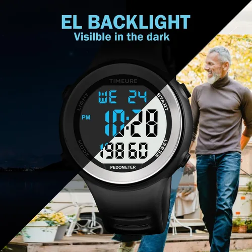 Miniatura 5 de Reloj podómetro para hombres para caminar, contador de pasos sin carga, sin conexión de aplicación, con retroiluminación EL. Opción simple y Azul