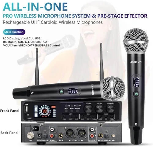 Miniatura 3 de Sistema de micrófono inalámbrico recargable de 4 canales Pro y Pre Effector, micrófonos inalámbricos de mano de metal UHF con corte vocal