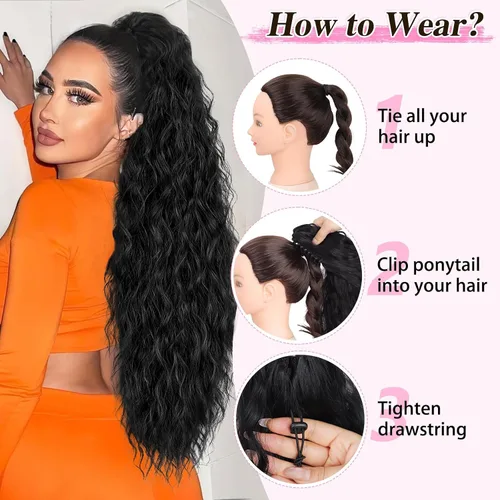 Miniatura 7 de ALXNAN Cola de caballo con clip de garra, extensión de cola de caballo negra de 26 pulgadas para mujer, extensiones de cabello sintético sintético