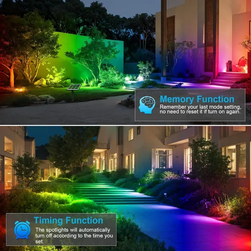 Miniatura 4 de MEIHUA Focos solares que cambian de color para exteriores, 6 en 1, iluminación solar de paisaje, focos RGB con control remoto, IP66, luces solares