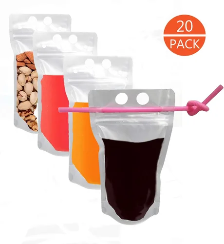 Miniatura 5 de Bolsas de bebidas con pajitas, paquete de 20 bolsas de plástico de 8 onzas, con cierre de cremallera, de mano, resistentes, bolsas de jugo