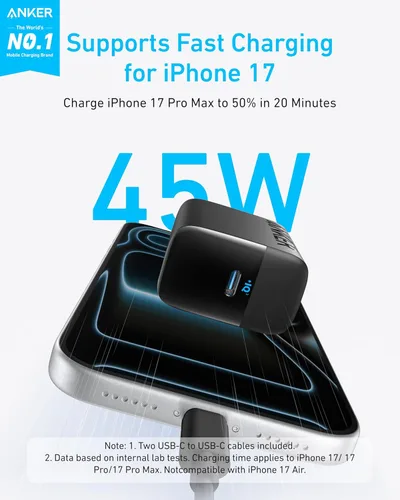 Miniatura 2 de Anker Bloque de cargador USB C de 45 W, cargador rápido PPS con cable USB-C para iPhone 17/16 y más series, iPad, Galaxy S24 Ultra