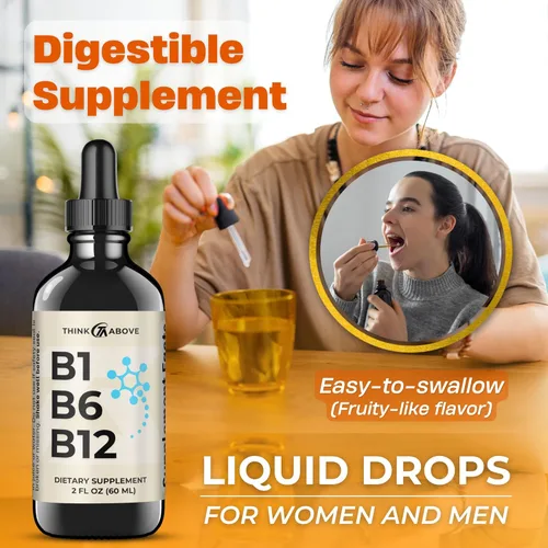 Miniatura 5 de Think Above Gotas líquidas de vitamina B1 B6 B12 – Suplemento diario de apoyo al bienestar – sabor afrutado – metilcobalamina, tiamina, piridoxina