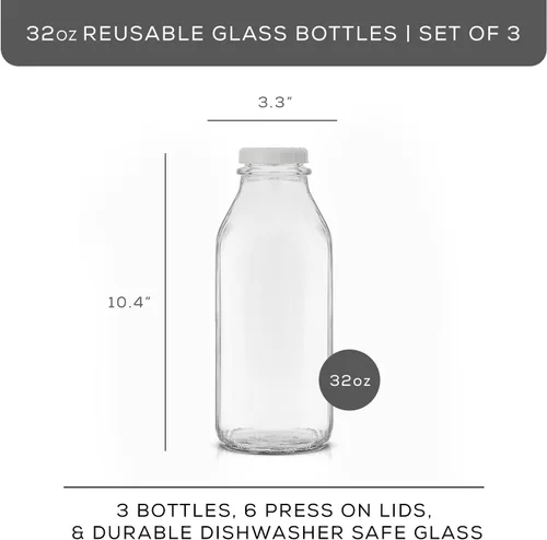 Miniatura 2 de JoyJolt Botellas de leche de vidrio con tapas y vertedor – 32 onzas, paquete de 3 botellas de vidrio reutilizables, herméticas, sin BPA, de grado