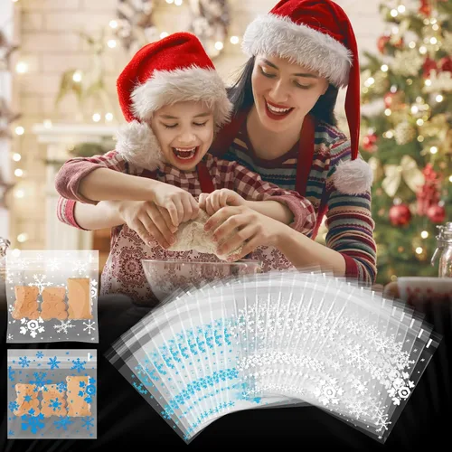 Miniatura 7 de Yinder 500 bolsas de invierno para galletas de invierno, bolsa de celofán con copos de nieve, bolsa de dulces autoadhesiva para suministros de Blanco