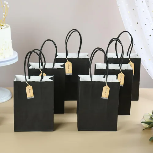 Miniatura 2 de DjinnGlory Paquete de 60 mini bolsas de papel negro para regalos de fiesta con asas a granel de 6.3 x 4.7 x 2.75 pulgadas para regalos de cumpleaños